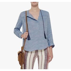 DEREK LAM 10 CROSBY Womens Chambray Top Sz 4 Tie-Detail Popover Tassels Cotton